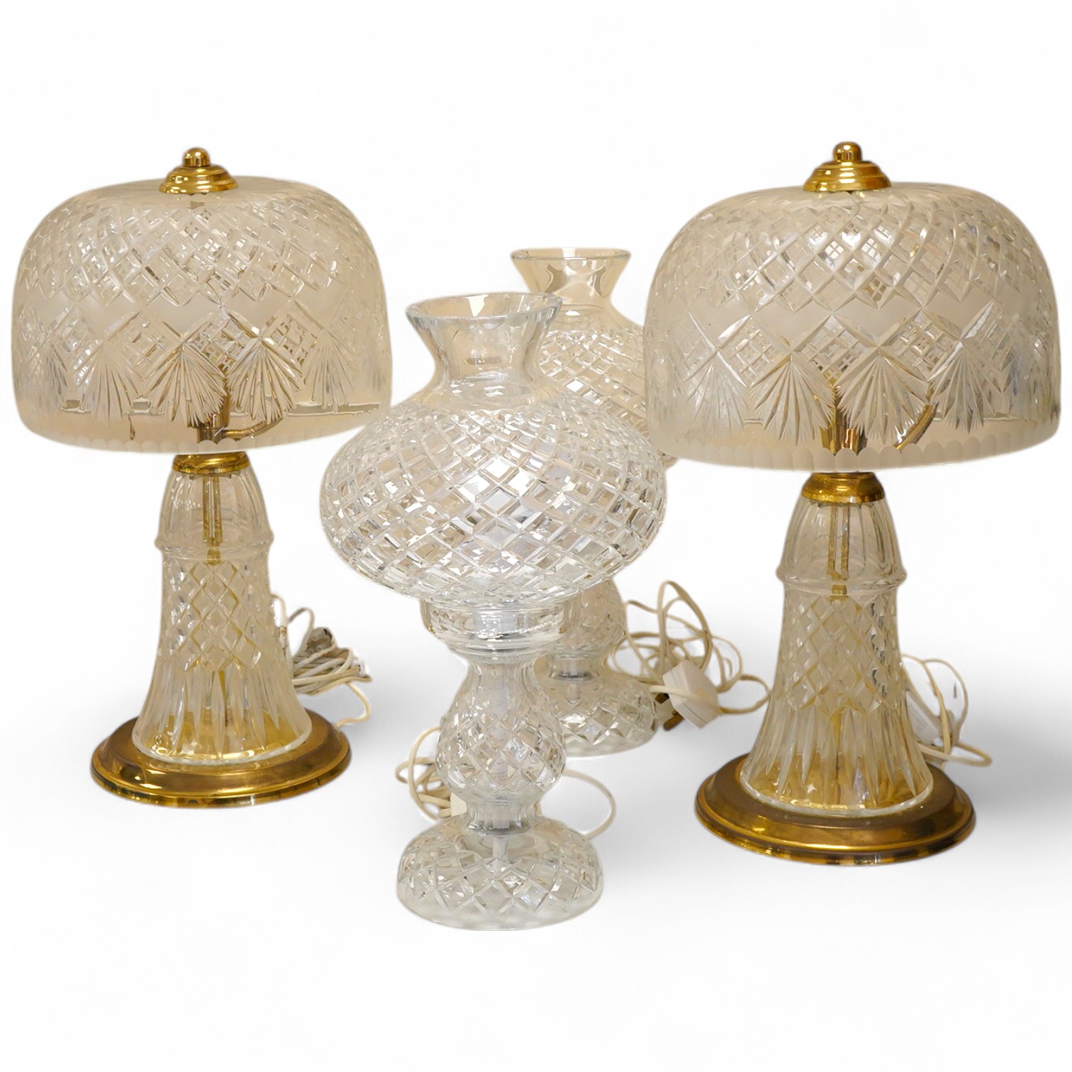 A pair of cut glass mushroom style table lamps and shades and two others, largest 48cm high